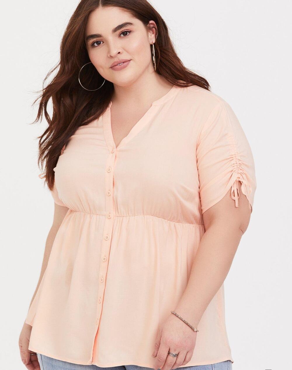 Torrid Plus 1X Babydoll Challis Tie Sleeve Top in Peach Mimosa